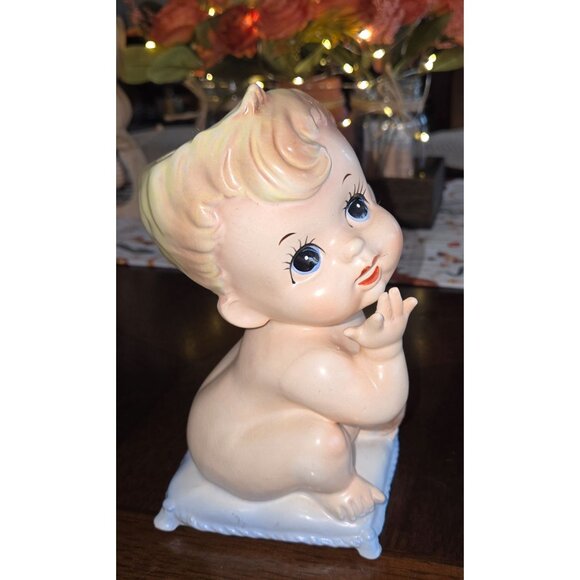 Vintage Velco Ceramic Baby Planter Figurine With Blonde Hair & Pillow Base - Picture 1 of 7